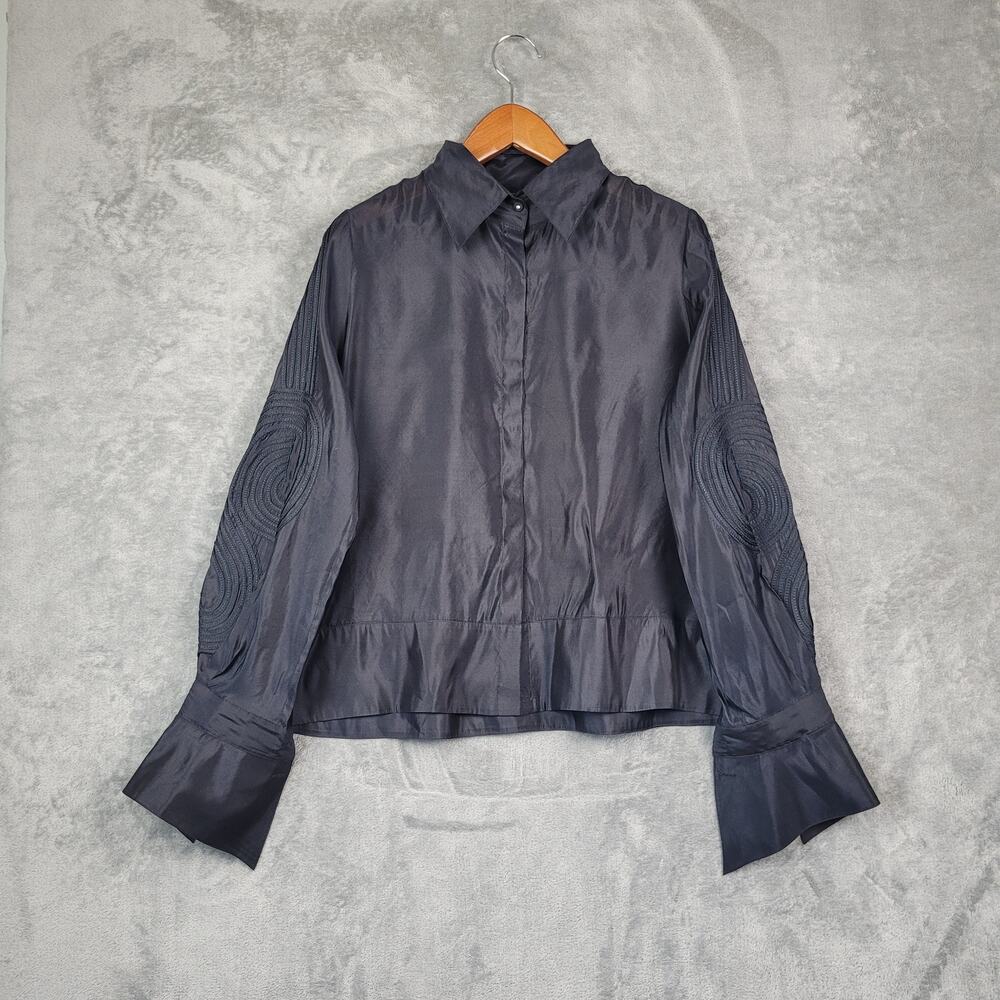 BritishIndia Classics Womens Size 9 Black 100% Silk Blouse Embroidered Bell Cuff